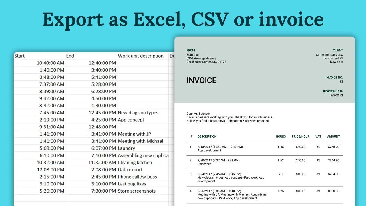 Export as Excel, CSV or invoice