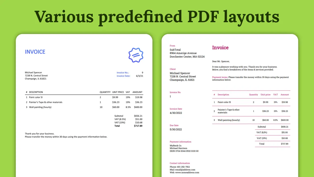 Various predefined PDF layouts