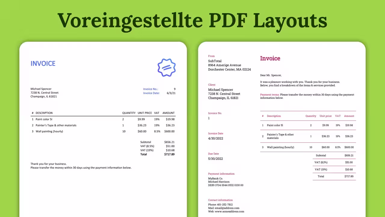 Voreingestellte PDF Layouts