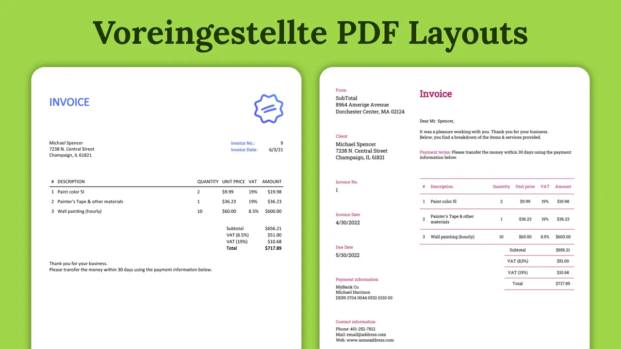 Voreingestellte PDF Layouts