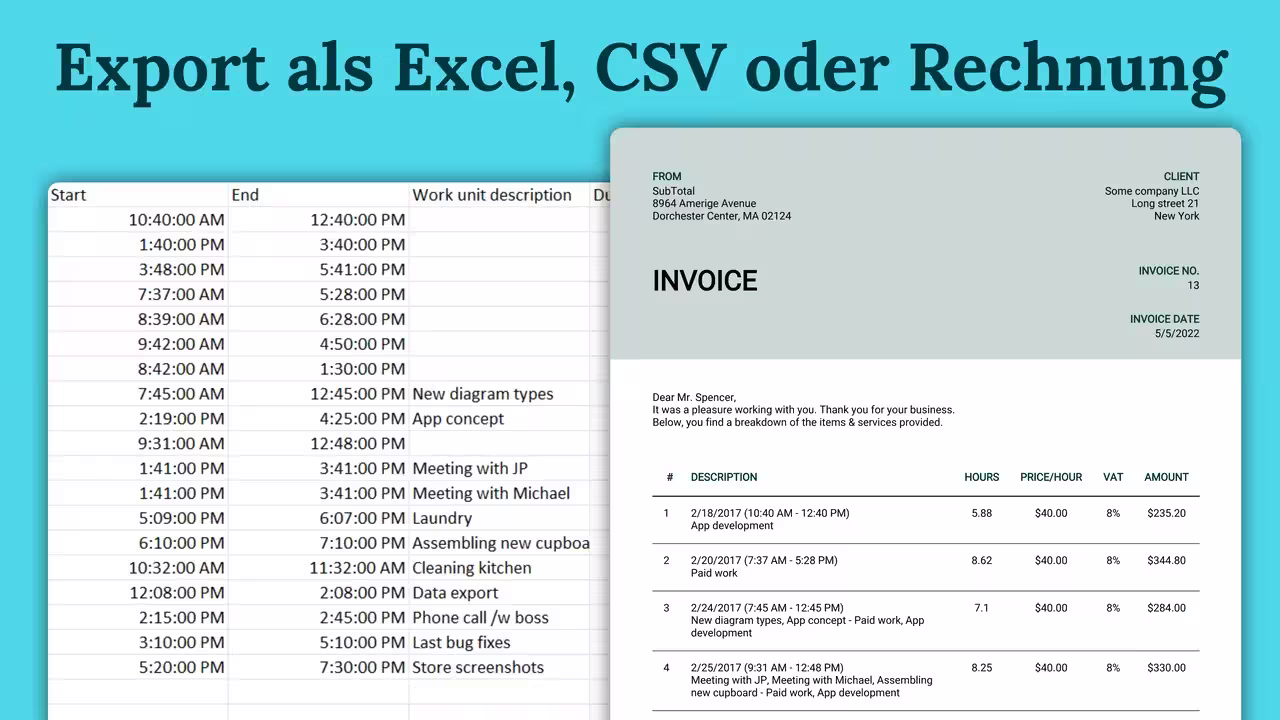 Export als Excel, CSV oder Rechnung