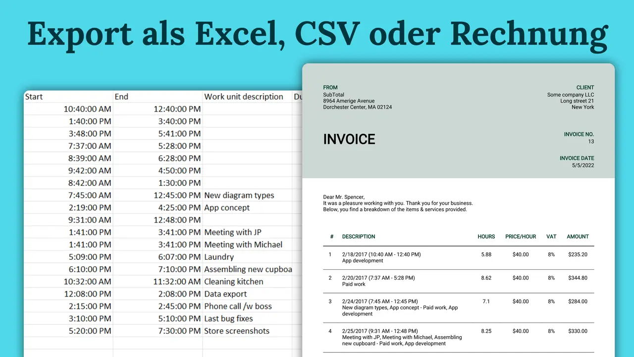 Export als Excel, CSV oder Rechnung